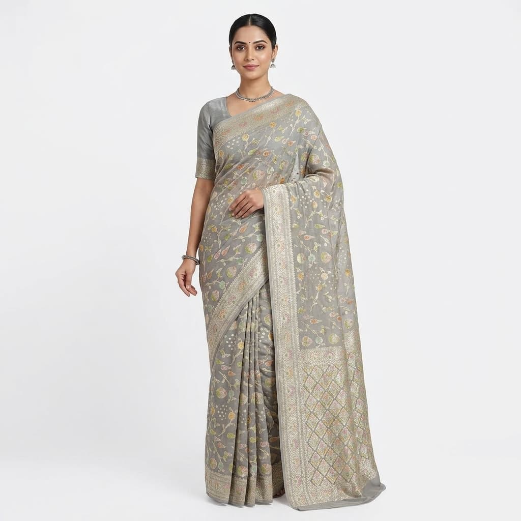 Pure Handwoven Khaddi Chiffon Saree - Look 9 - View 1