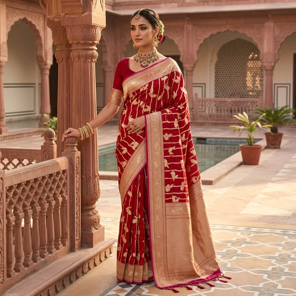 Pure Handwoven Silk Katan Saree - Look 1