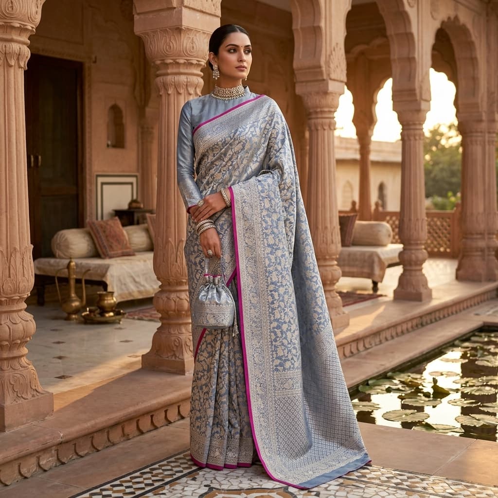 Pure Handwoven Silk Katan Saree - Look 12 - View 1