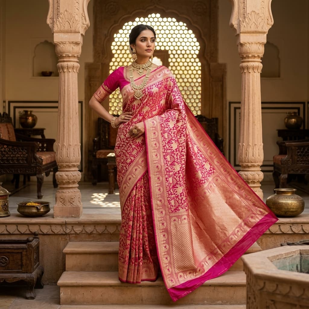 Pure Handwoven Silk Katan Saree - Look 3 - View 1