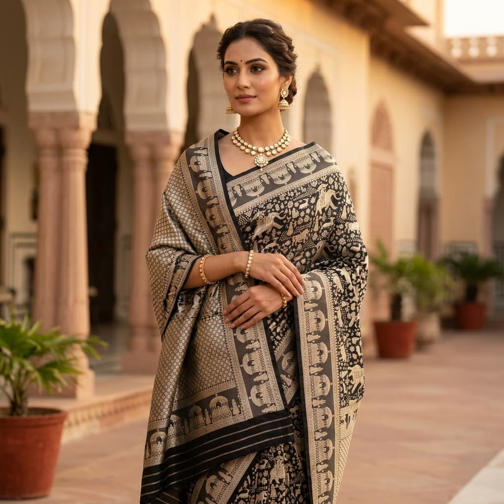Pure Handwoven Silk Katan Saree - Look 5 - View 1