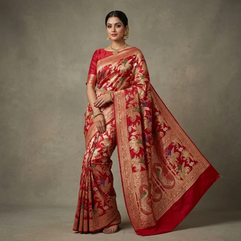 Crimson Jangla Weave Silk Saree - View 1