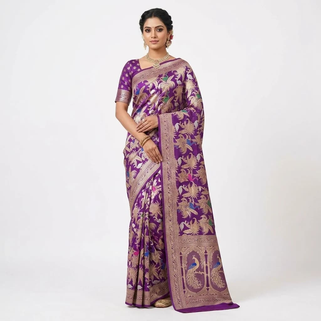 Purple Jangla Weave Silk Saree - View 1