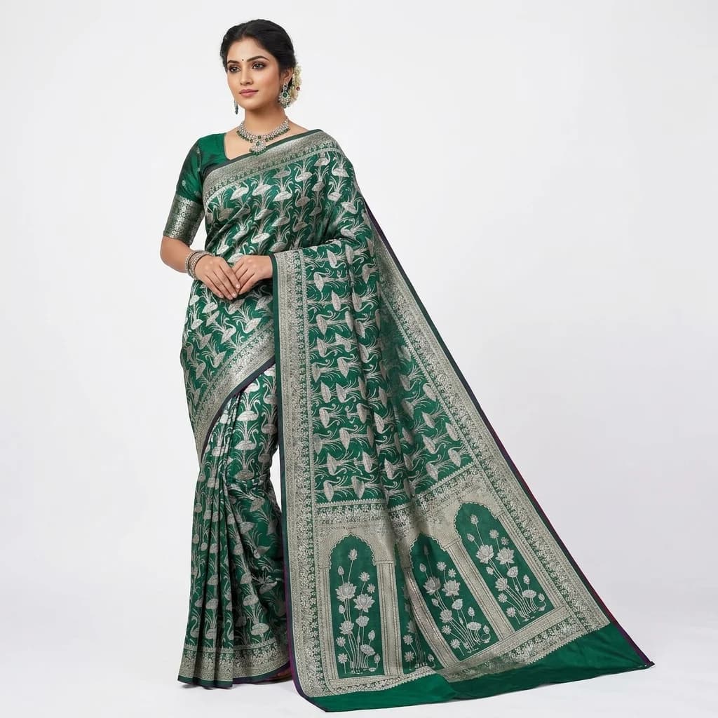 Emerald Swan Jangla Silk Saree - View 1