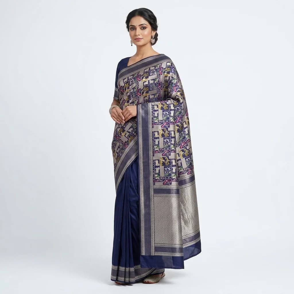 Midnight Grid Panel Silk Saree - View 1