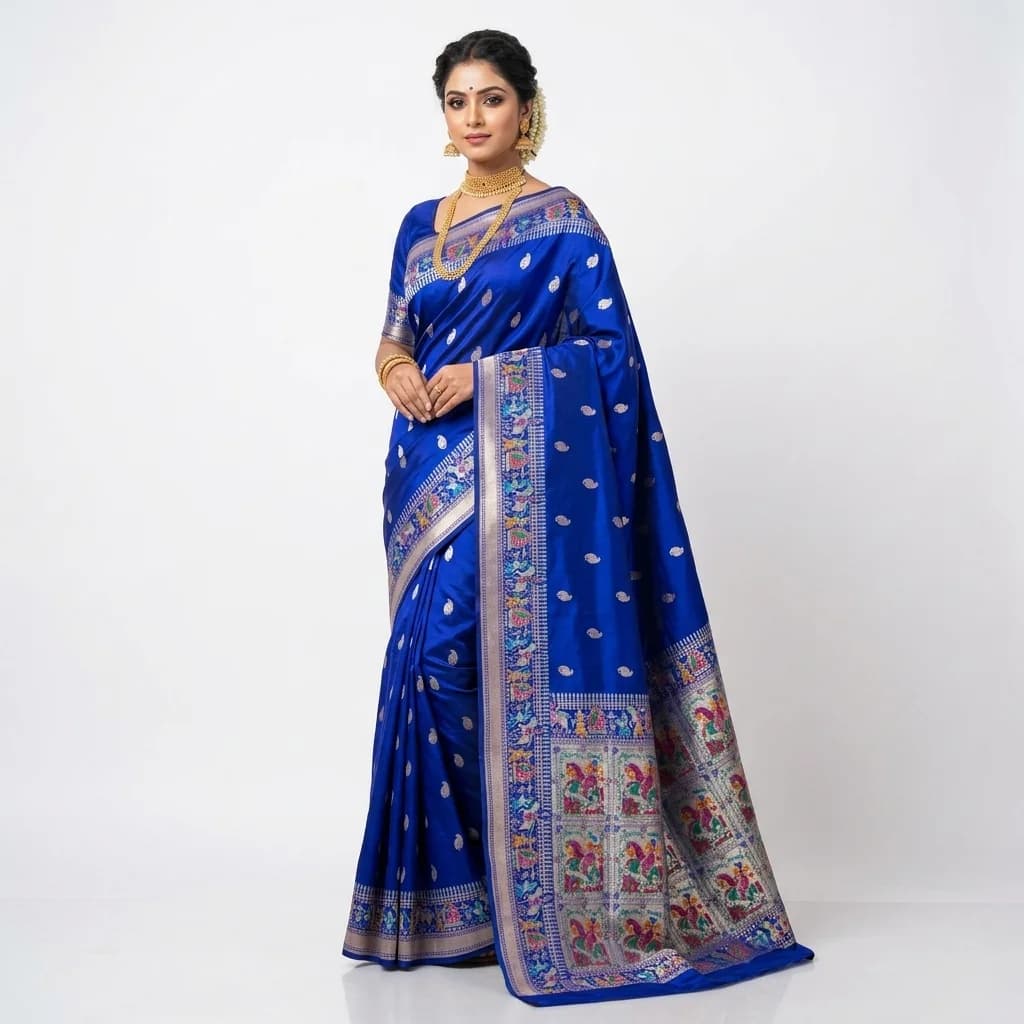 Royal Blue Kadwa Baluchari Silk Saree - View 1