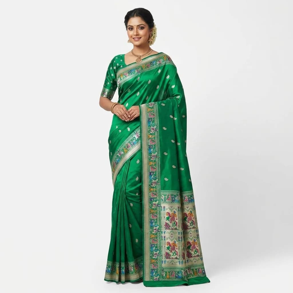 Emerald Green Kadwa Baluchari Silk Saree - View 1