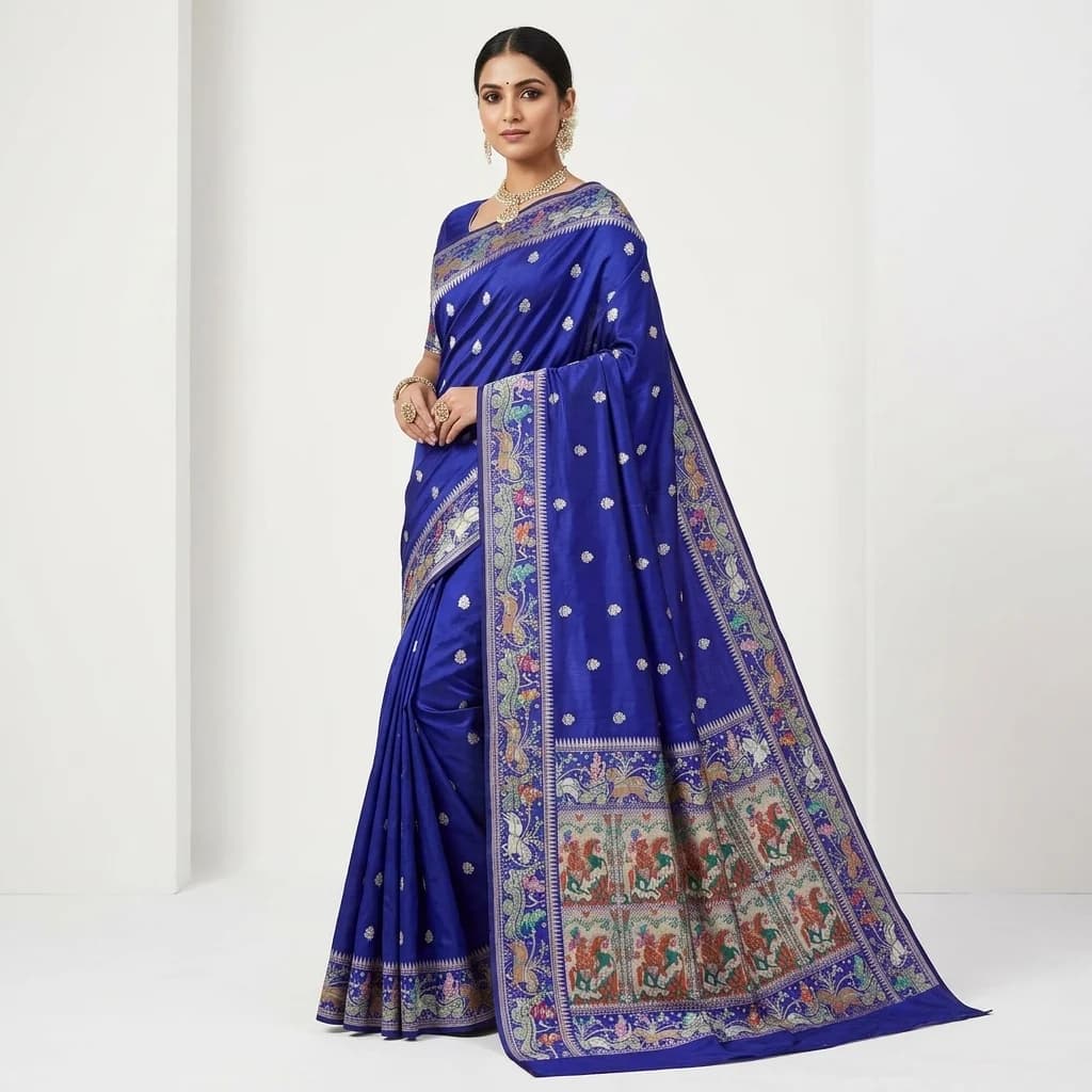 Sapphire Flower Kadwa Baluchari Silk Saree - View 1