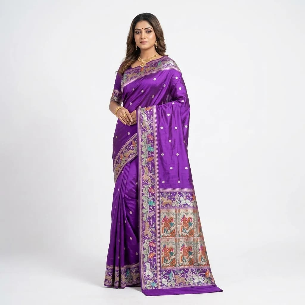 Violet Kadwa Baluchari Silk Saree - View 1