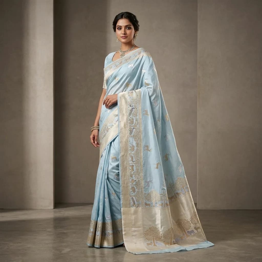 Powder Blue Animal Motif Saree
