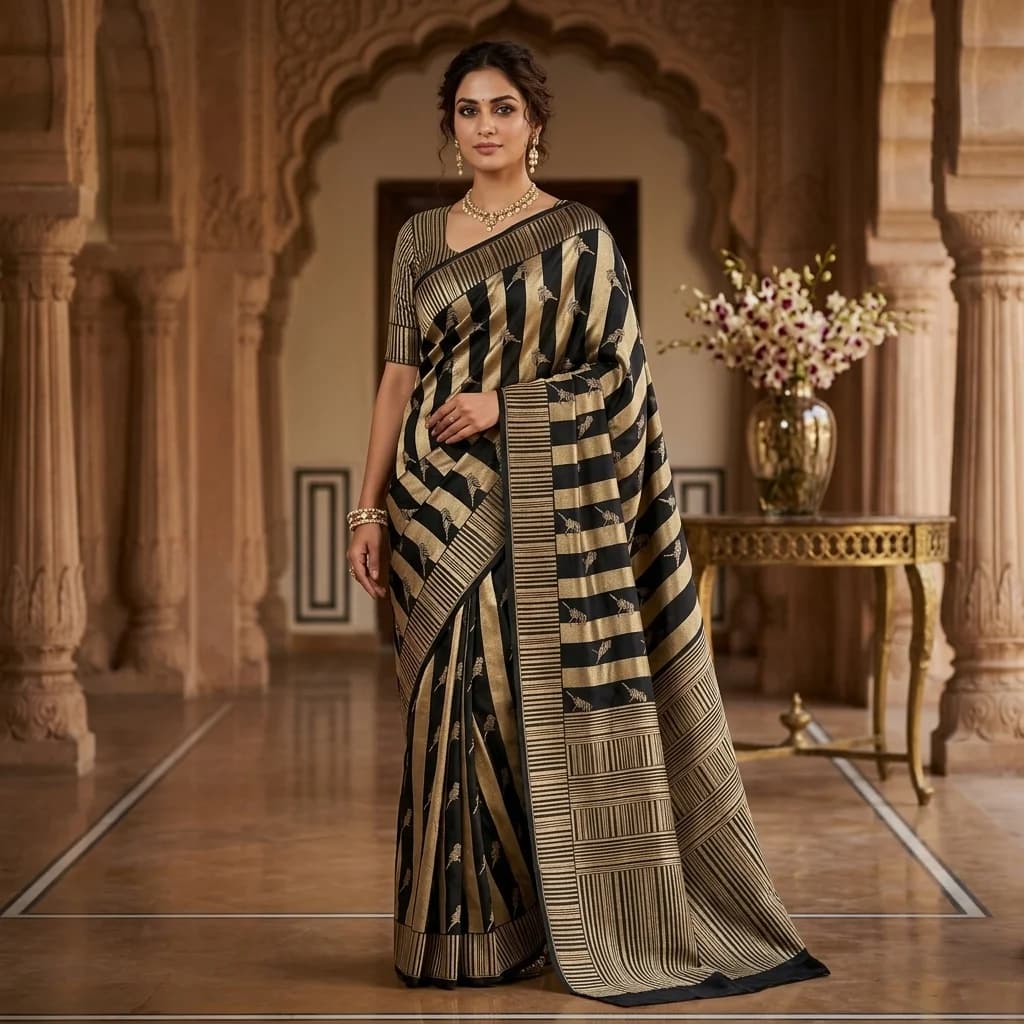 Black Gold Striped Silk Saree - View 1