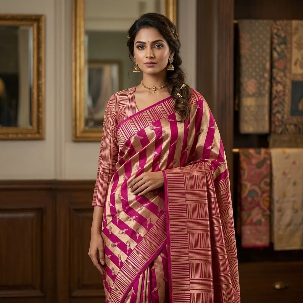 Magenta Striped Silk Saree - View 1