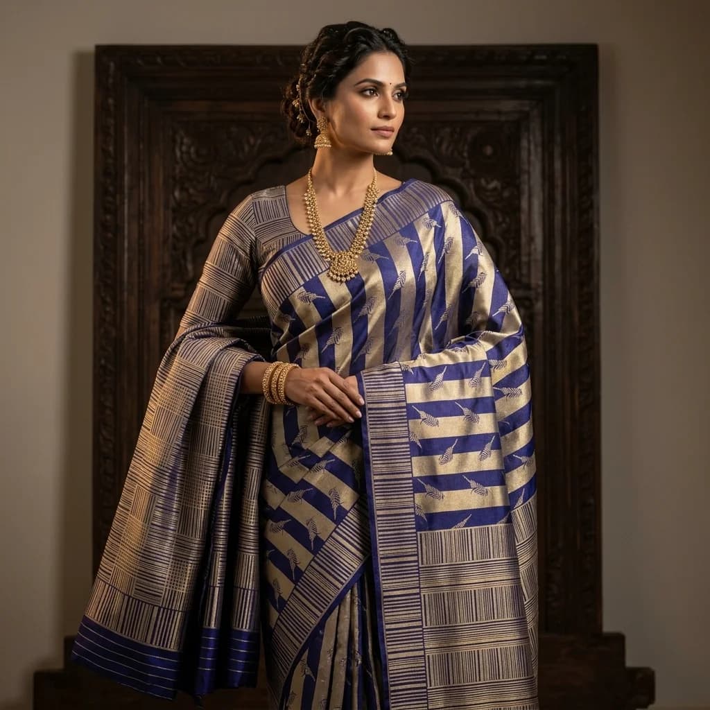 Navy Striped Silk Saree - View 1