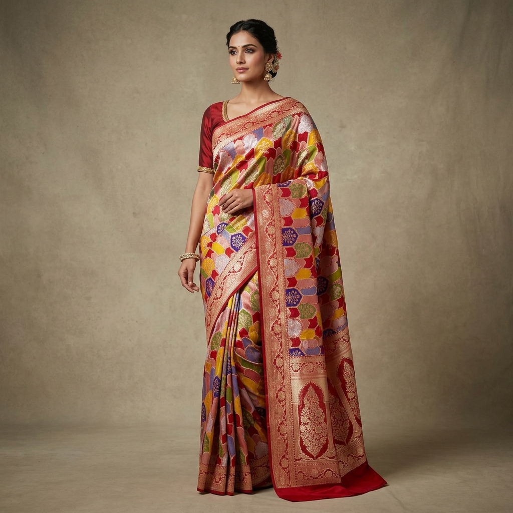 A draped multi-coloured Rangkat Banarasi Saree in Pure Silk Katan.