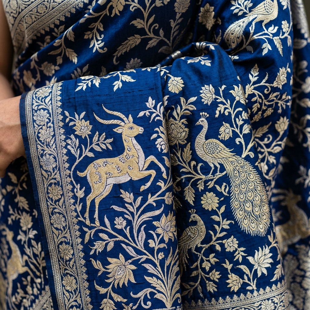 Luxurious Blue Shikargah Saree Weave with Animal Motifs