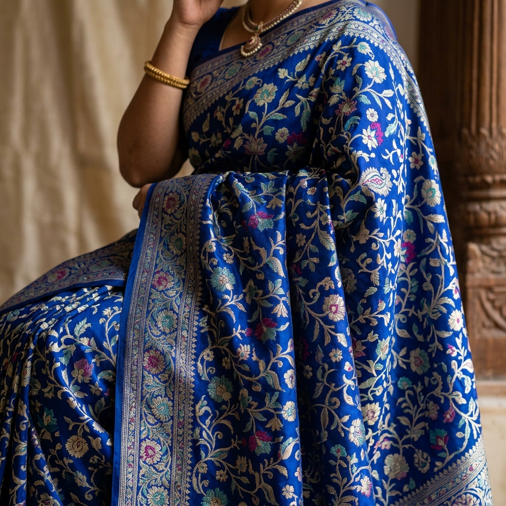 Close-up of authentic Banarasi Fekwa cutwork saree fabric with floral motifs