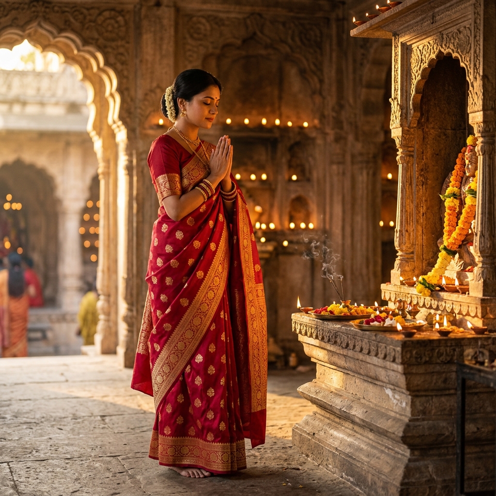 Woman elegantly draped in a pure silk Banarasi saree praying in an ancient temple