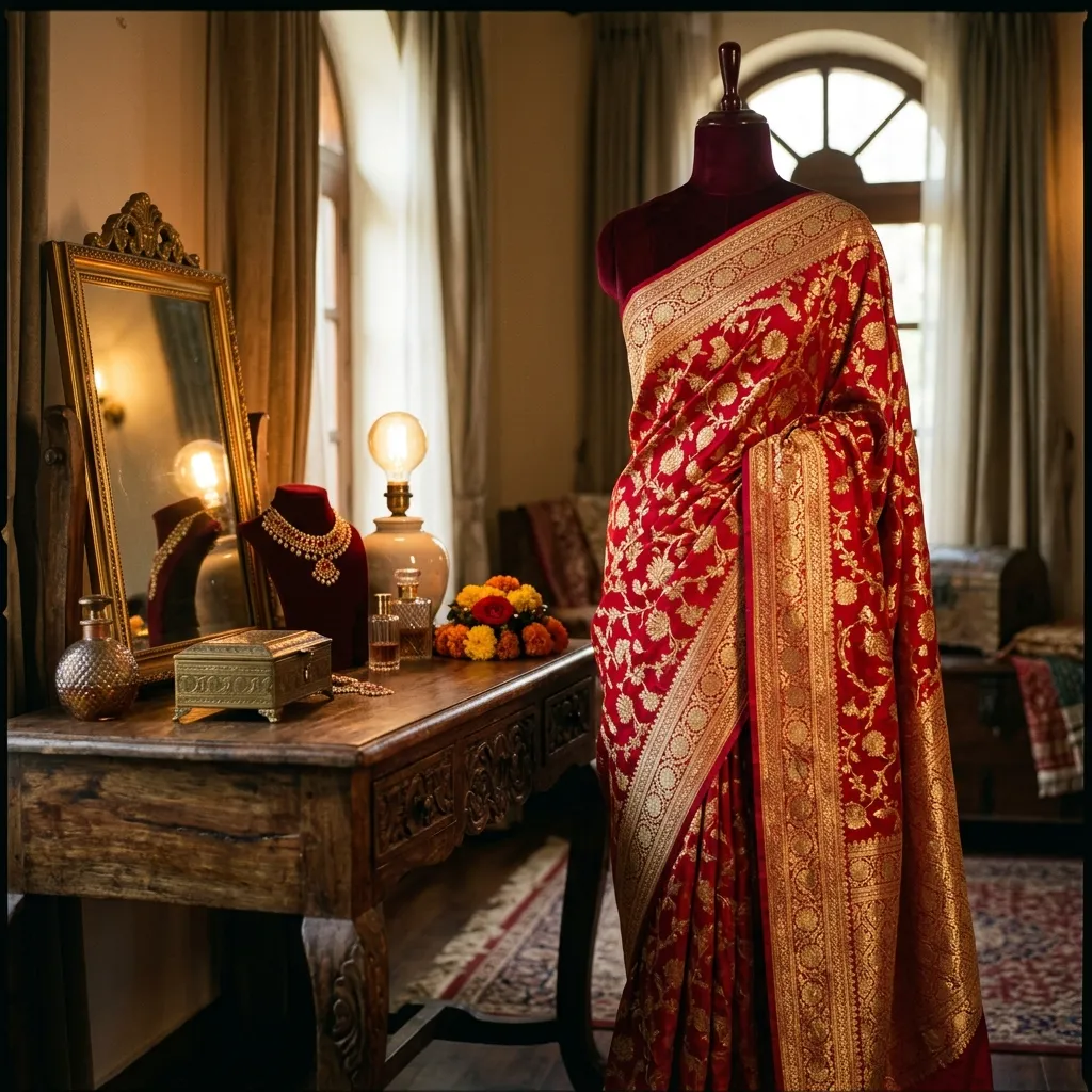 A stunning Crimson Red Banarasi Katan silk saree with rich gold zari work draped elegantly