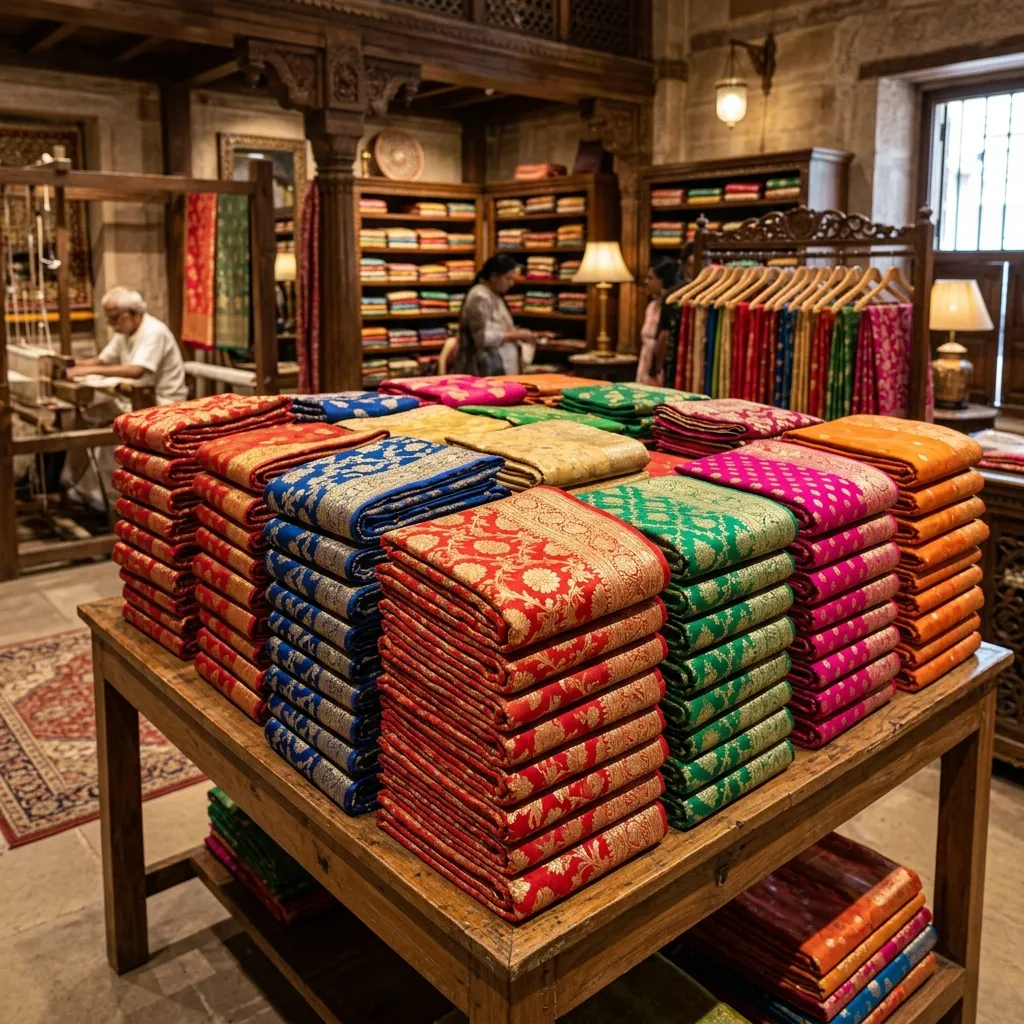 Wholesale premium Banarasi silk sarees stacked in a heritage showroom
