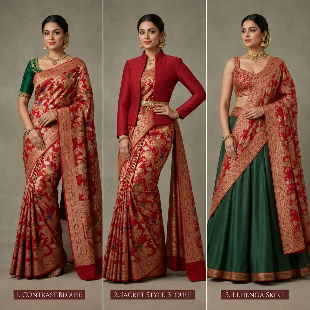 Three ways to style a red Banarasi saree - contrast blouse, jacket style, and lehenga skirt