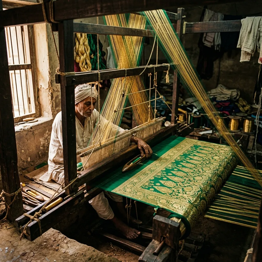Authentic wooden handloom weaving a pure Banarasi silk saree