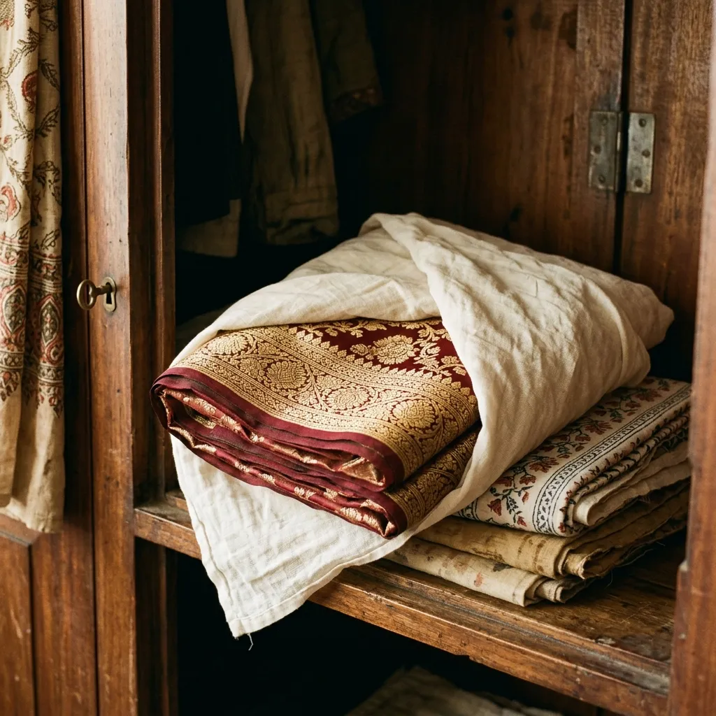A carefully folded pure silk saree wrapped in unbleached white muslin cloth for preservation