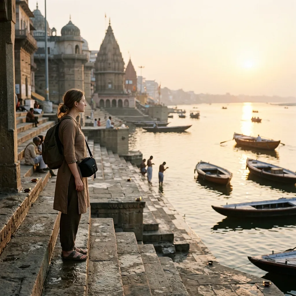 Foreign tourist peacefully observing the Varanasi ghats at sunrise