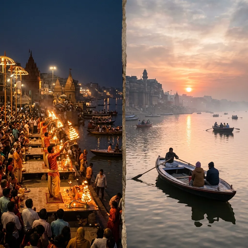 Collage of Varanasi Ganga Aarti and sunrise boat ride on the Ganges